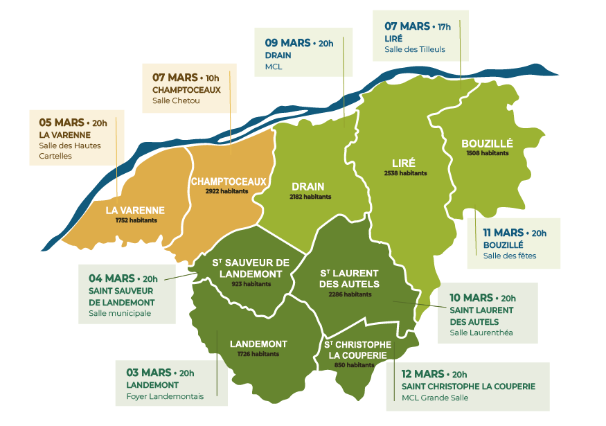 Carte d'Orée d'Anjou avec les informations des réunions publiques :
- Le 3 mars à 20 heure au Foyer Landemontais de Landemont
- Le 4 mars à 20 heure à la Salle municipale de Saint Sauveur de Landemont 
- Le 5 mars à 20 heure à la Salle des Hautes Cartelles de La Varenne
- Le 7 mars à 10 heure à la Salle Chetou de Champtoceaux
- Le 7 mars à 17 heure à la Salle des Tilleuls de Liré
- Le 9 mars à 20h à la MCL de Drain
- Le 10 mars à 20 heure à la Salle Laurenthéa de Saint Laurent des Autels
- Le 11 mars à 20 heure à la Salle de fêtes de Bouzillé
- Le 12 mars à 20 heure à la MCL Grande salle de Saint Christophe la Couperie